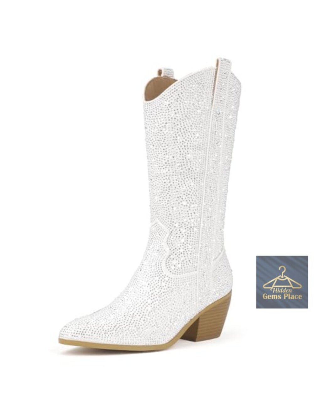 Sparkly Rhinestone Mid Calf Western Cowgirl Cowboy Boots with Block Heel and